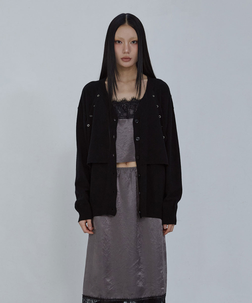 RELAXED EYELET CARDIGAN_ BLACK