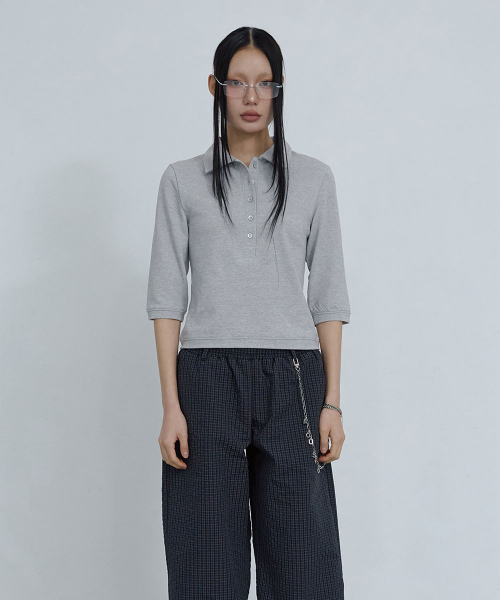COTTON PIQUE LONG SLEEVE TOP_ MELANGE GREY