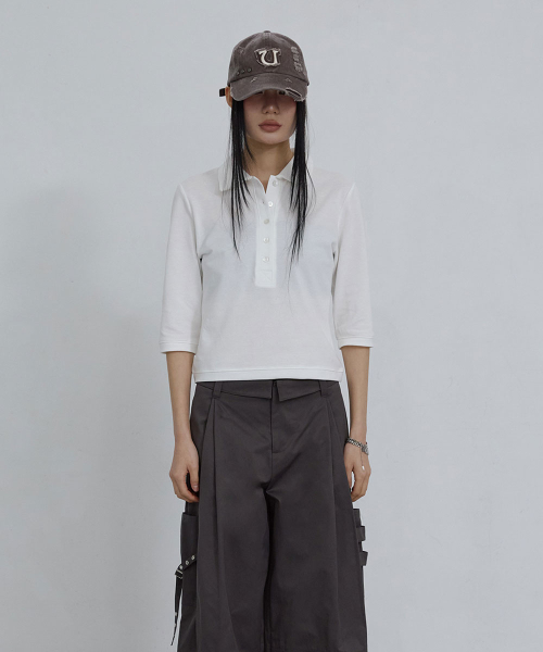 COTTON PIQUE LONG SLEEVE TOP_ IVORY