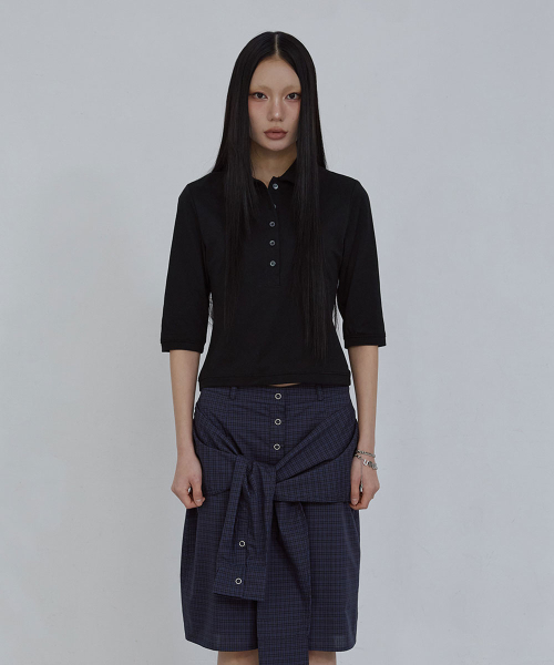 COTTON PIQUE LONG SLEEVE TOP_ BLACK