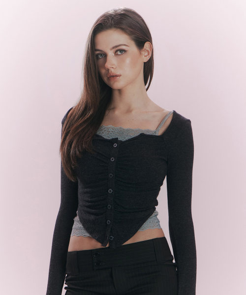 Kaya Button Shirring Long Sleeve Top (Melange Charcoal)
