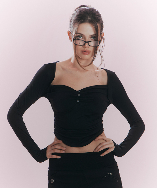 Amanda Shirring Long Sleeve Top (Black)