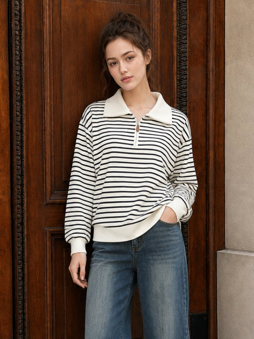 Collared Zip-Up Striped Sweatshirt_P6ATS025C