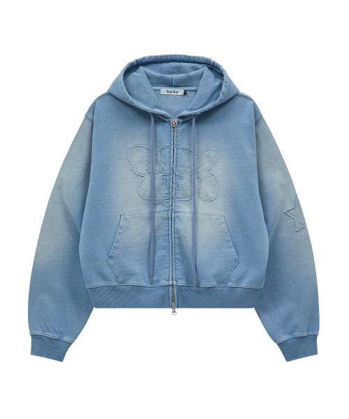 YK Applique Denim Hood Zip Up LIGHT BLUE