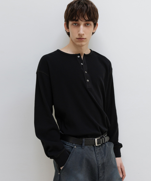 Waffle Henley Neck Long Sleeve BLACK