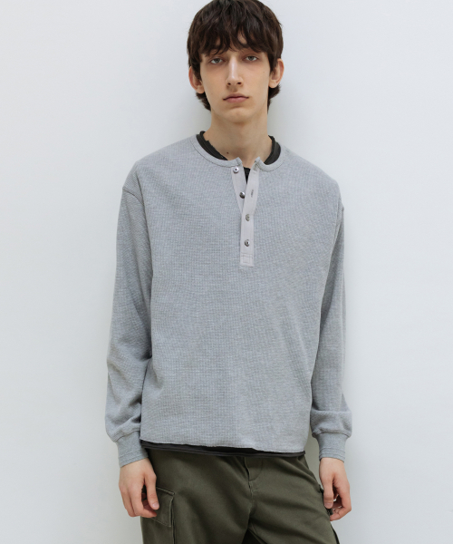 Waffle Henley Neck Long Sleeve MELANGE GREY