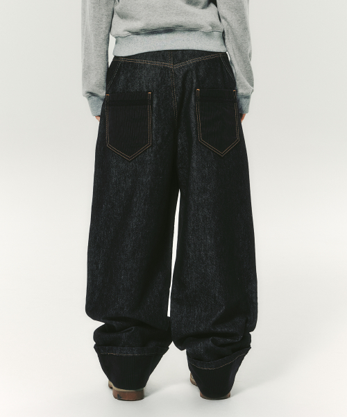 LACE ROLL UP DENIM PANTS BLACK