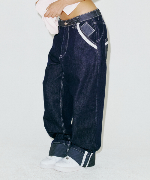 LACE ROLL UP DENIM PANTS BLUE
