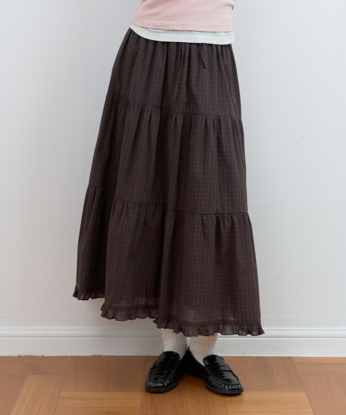 CHECK TIERED LONG SKIRT BROWN
