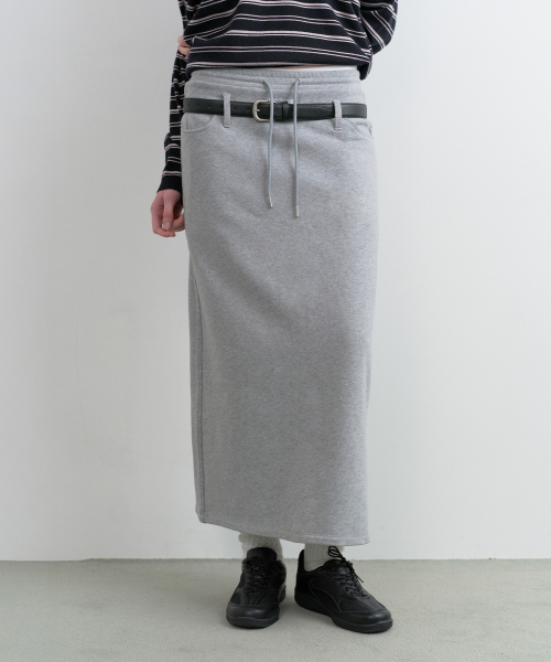 BELT SET BACK SLIT SWEAT SKIRT GRAY