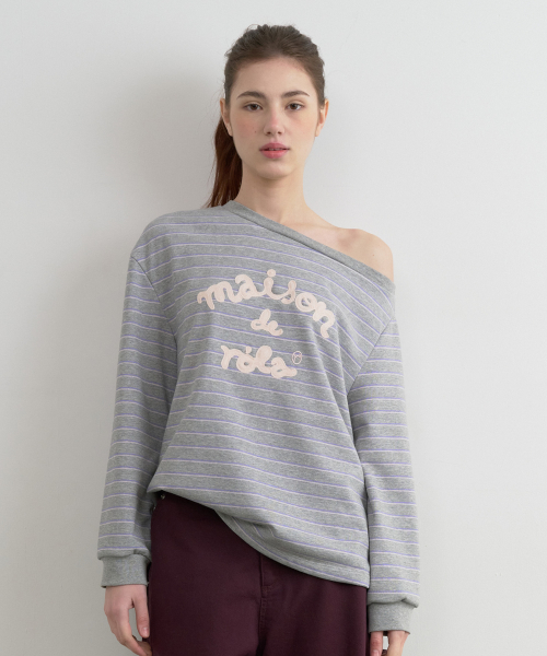 MAISON DE ROLA EMBROIDERY OFF SHOULDER STRIPE SWEATSHIRT GRAY