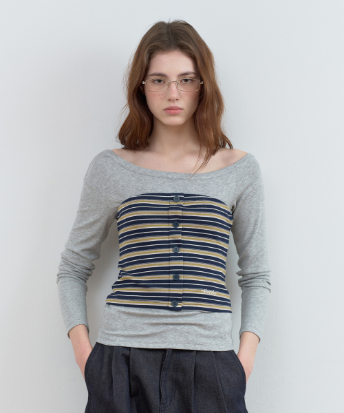 STRIPE BUTTON BUSTIER LAYERED LONG SLEEVE GY+NV
