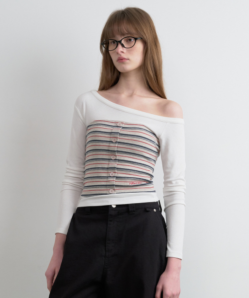 STRIPE BUTTON BUSTIER LAYERED LONG SLEEVE WH+GY
