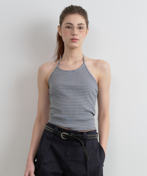 STRIPE HALTER NECK TOP GRAY