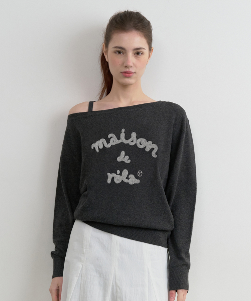 MAISON DE ROLA EMBROIDERY OFF SHOULDER KNIT CHARCOAL