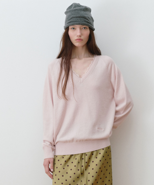 LACE V NECK KNIT PINK