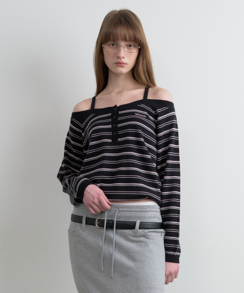 STRIPE OFF SHOULDER STRAP KNIT BLACK