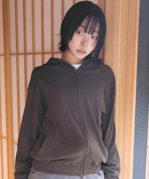 SLUB TEXTURE HOOD ZIP-UP (KHAKI)