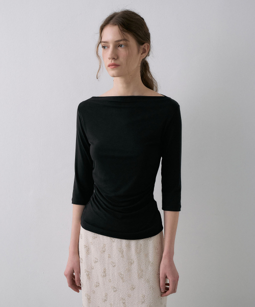Shirring Boat-Neck T-Shirt[LMBFSPTT614]-4color