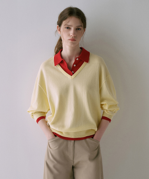 V-Neck Collar Layered Knit[LMBFSPKN304]-3color
