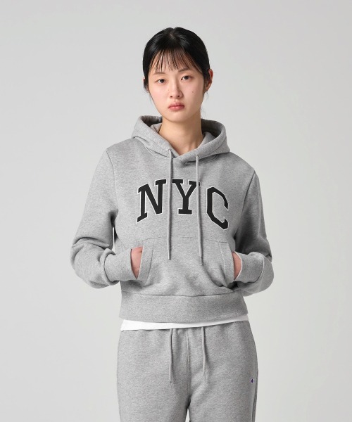 여성 NYC 크롭 후드 티셔츠 Grey