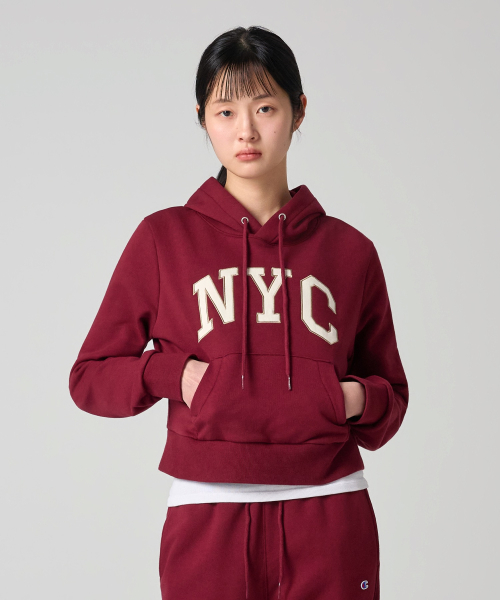 여성 NYC 크롭 후드 티셔츠 Burgundy