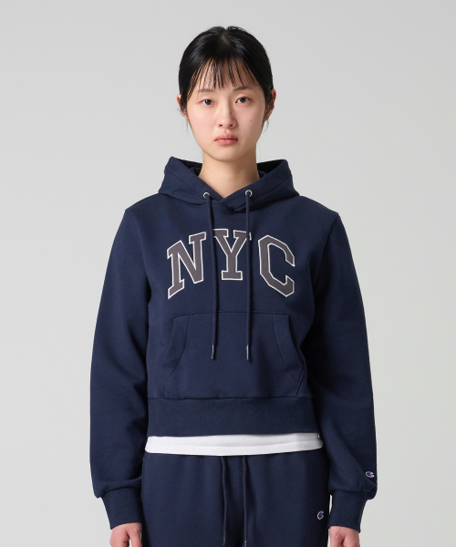 여성 NYC 크롭 후드 티셔츠 Navy