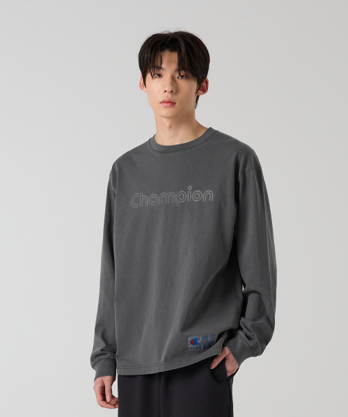 트랙 로고 루즈핏 가먼트다잉 롱슬리브 티셔츠 Charcoal