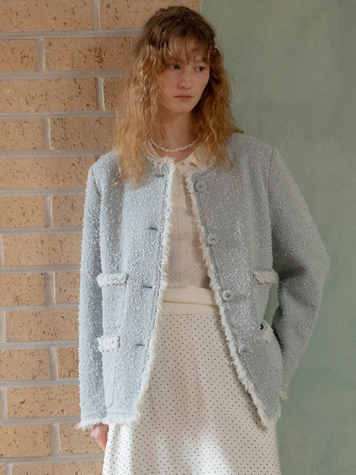 No-Collar Fringe Tweed Jacket MU2611JK101M