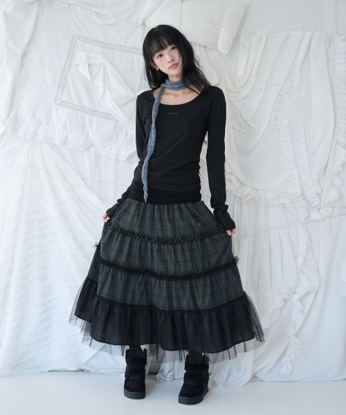 FOLDED CHECK FRILL MESH SK KHAKI