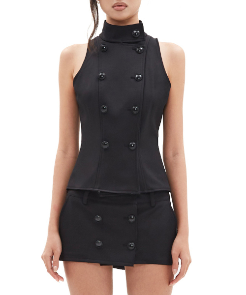 Tailored Half-Neck Button Vest [Black]