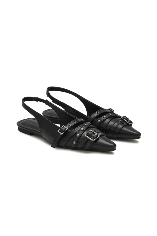 BUCKLE STUD AND EYELET SLINGBACKS IN BLACK