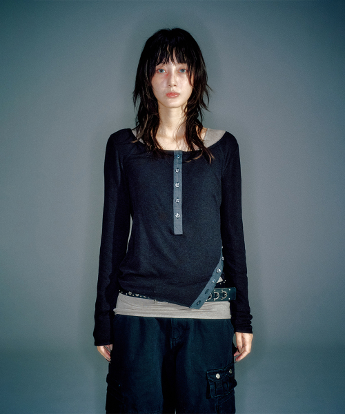 LENNY HENLEY NECK LONG-SLEEVE T-SHIRT BLACK