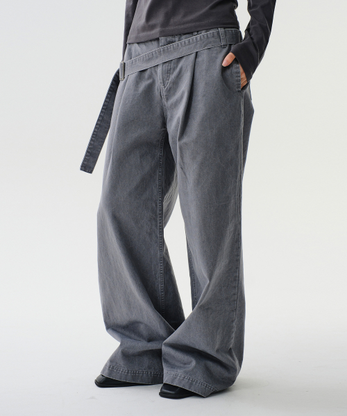 BELTED FLARE WASHING PANTS (GRAY)