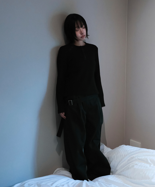 BELTED FLARE WASHING PANTS (BLACK)