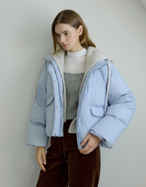 Knit Hooded Crop Down Padding Sky Blue AT5JUF055SL