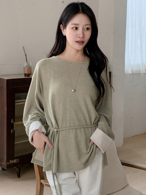 Linen Boat-neck Loosefit T-shirt Olive AT6TSA020OL