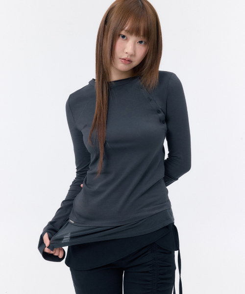 Slash button layered long sleeve CHARCOAL