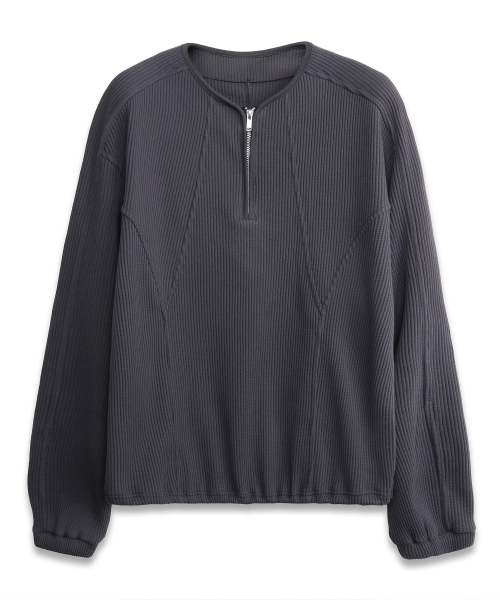 Quarter Zip-Up Waffle Pullover CHARCOAL