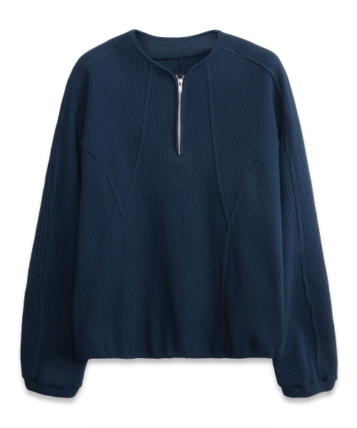 Quarter Zip-Up Waffle Pullover NAVY