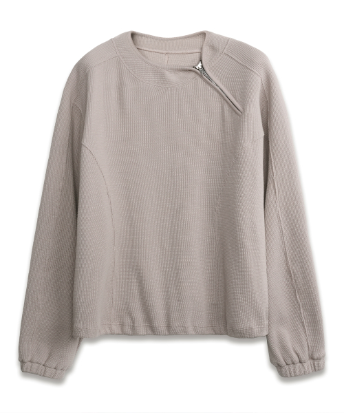 Shoulder Zip-Up Waffle Pullover SAND