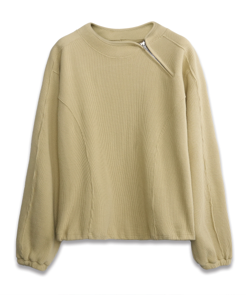 Shoulder Zip-Up Waffle Pullover BUTTER