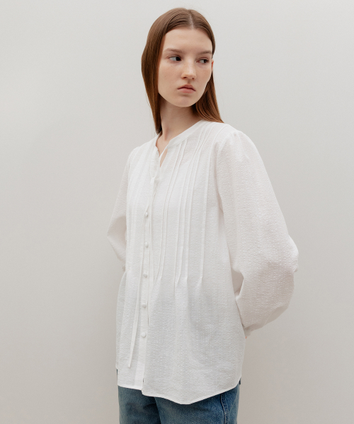 Plisse Pin-Tuck Tie Blouse White