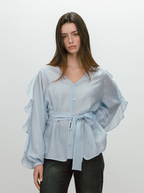 FRILL BELTED BLOUSE / SKYBLUE