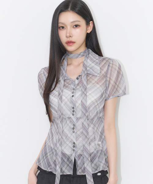 Flare Puff Blouse Check Beige
