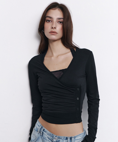 Selena Button Wrap long sleeve Top (Black)