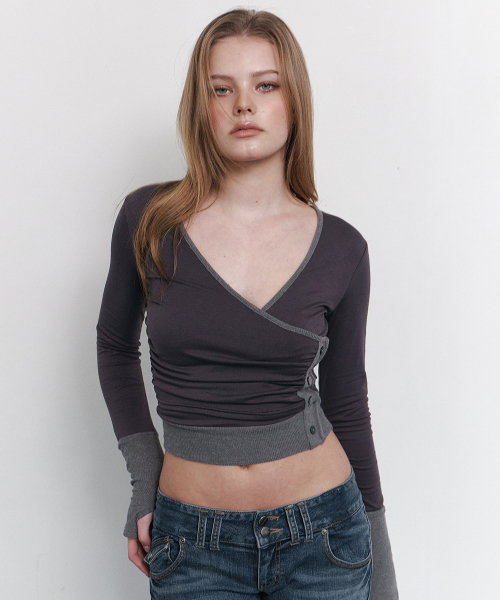 Selena Button Wrap long sleeve Top (Charcoal)