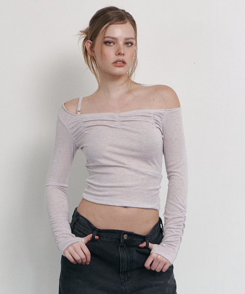 Halo Unbal Shirring Long Sleeve Top (Dusty Pink)