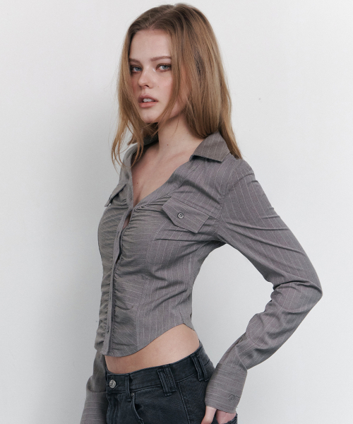 Kayla Shirring Shirt Top (Mocha)