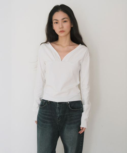 FRONTBACK SHIRRING CURVED TOP, IVORY